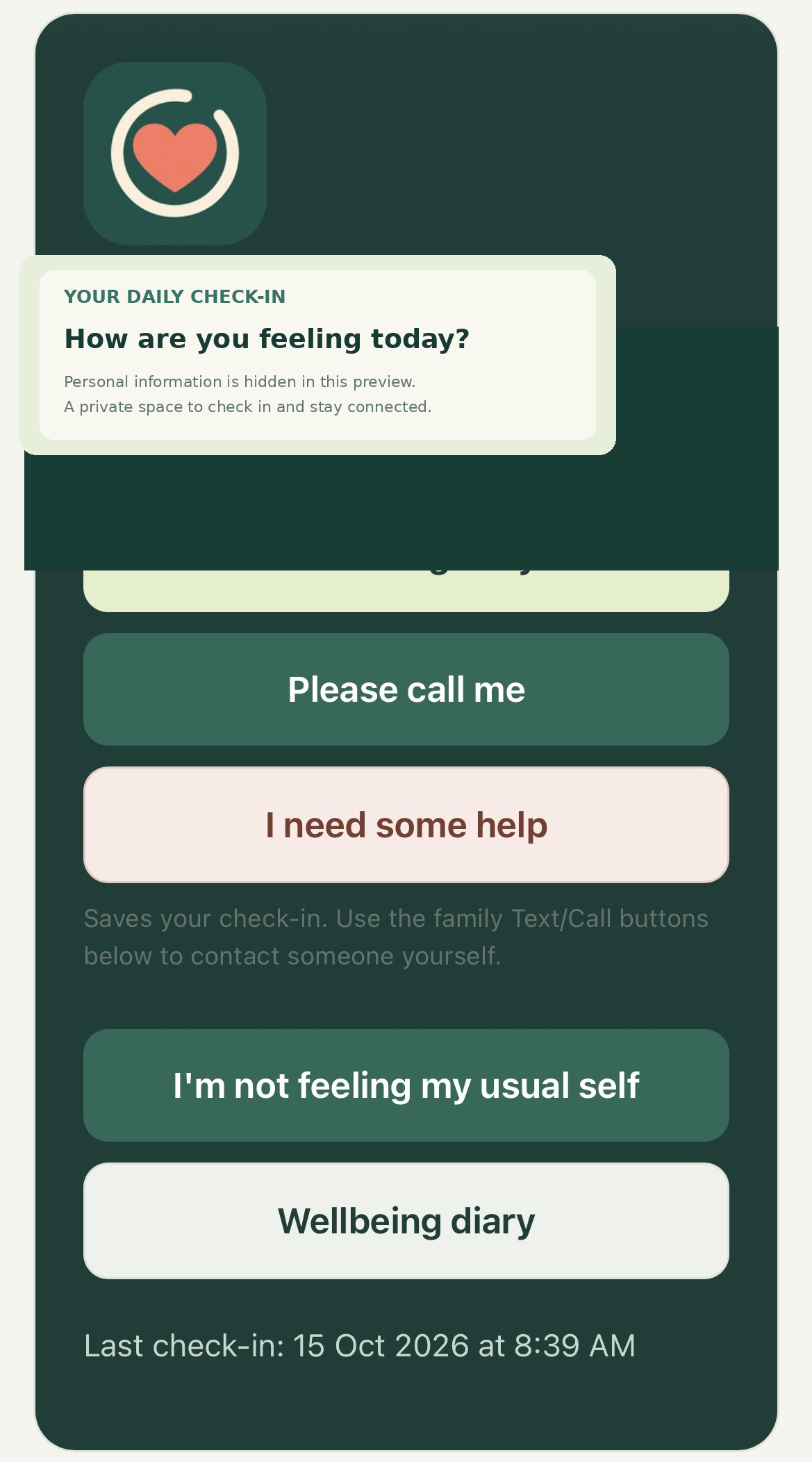 Actual CareCircle wellbeing check-in interface with personal identifiers removed
