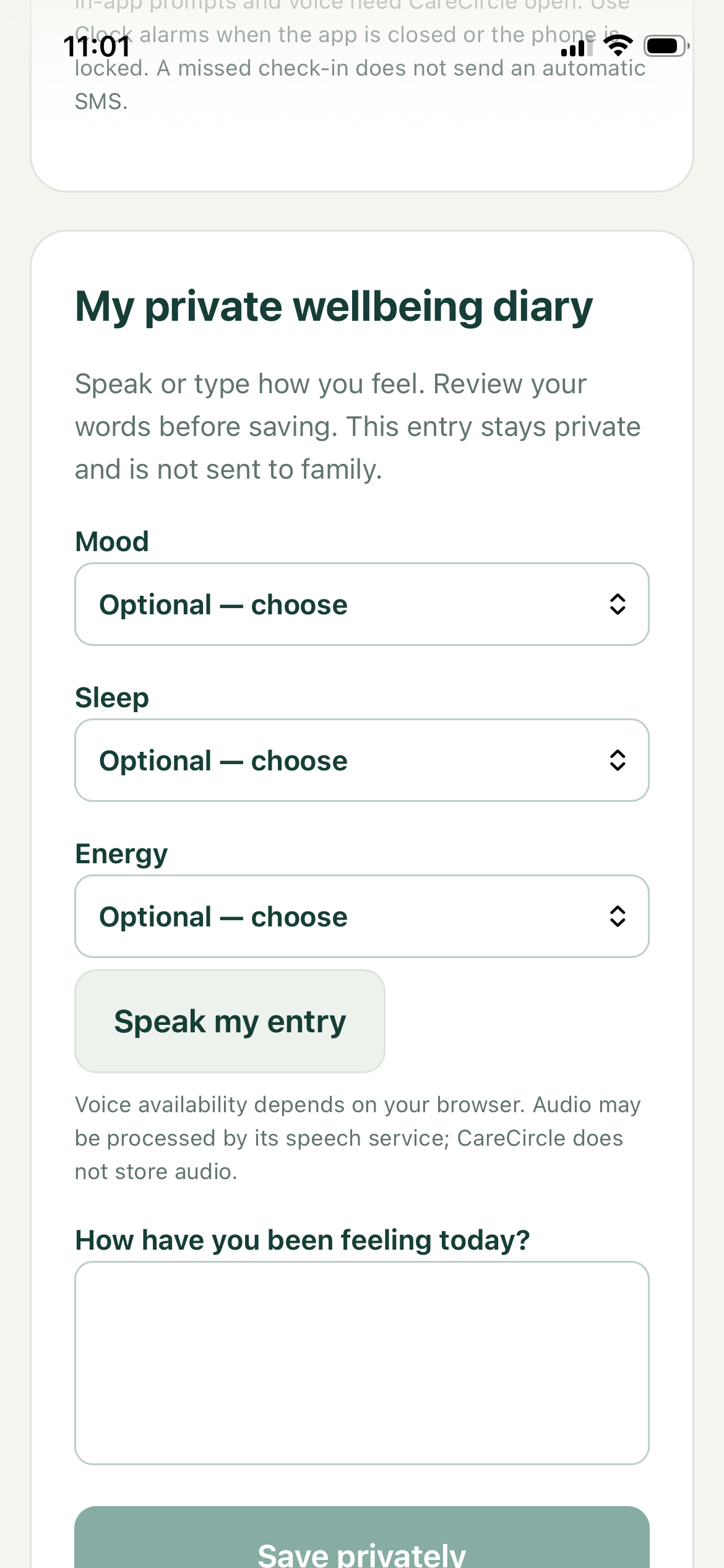 CareCircle wellbeing diary screenshot