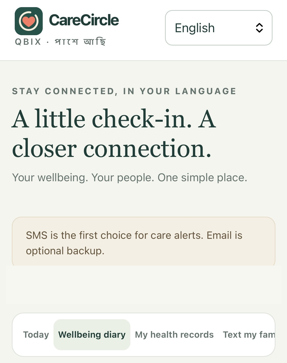 CareCircle home page screenshot, redacted
