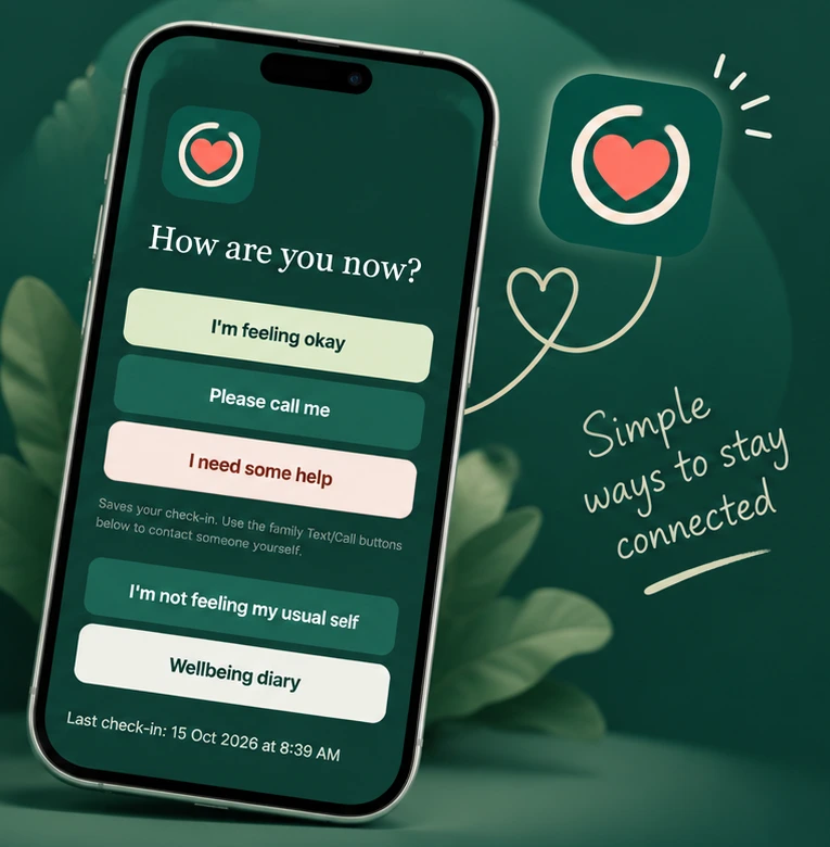 Actual CareCircle wellbeing check-in interface with personal identifiers removed